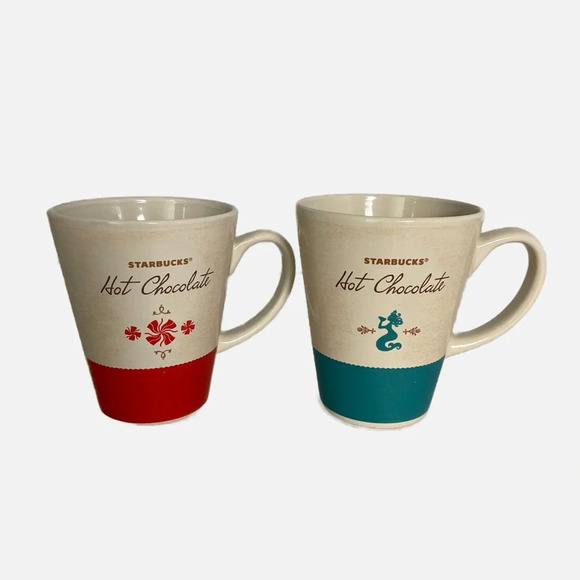 Starbucks Coffee Hot Chocolate Mugs Set of Two Red Turquoise 2010 15 fl. Oz. - Picture 1 of 10